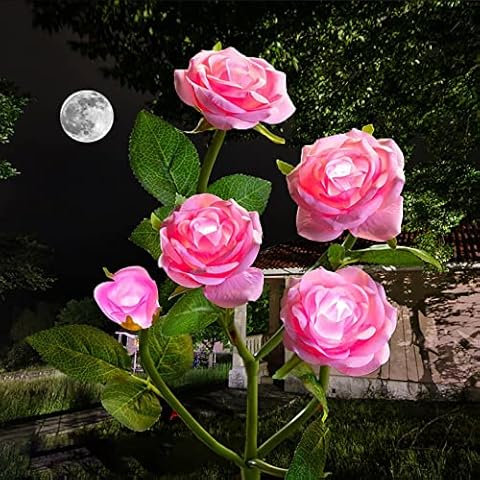 XRR Solar Lights Garden Solar Rose Flower Lights with 5 Led, Waterproof Solar Stake Lights for Lawn,Patio,Yard,Pathway,Walkway Decoration(Pink) Cover