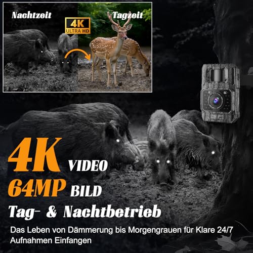 MAXDONE Wildkamera mit Handyübertragung APP - Wildtierkamera 4K 64MP HD mit WLAN Bluetooth Bewegungsmelder Nachtsicht, Wildkamera mit 6000mAh Akku, 0,1s Auslösezeit, 32GB Speicherkarte IP66