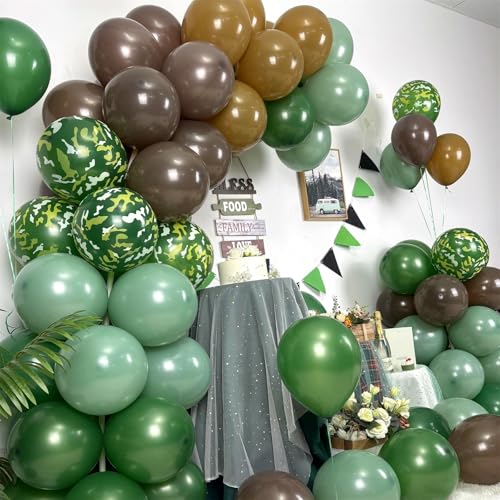 Image of Green and Brown Army Balloons Set, 12 Inch Dark Sage Green Retro Light Coffee Brown Camo Latex Balloons for Camouflage Birthday Party Hunting Soldier Camping Jungle Themed Party Decorations Supplies