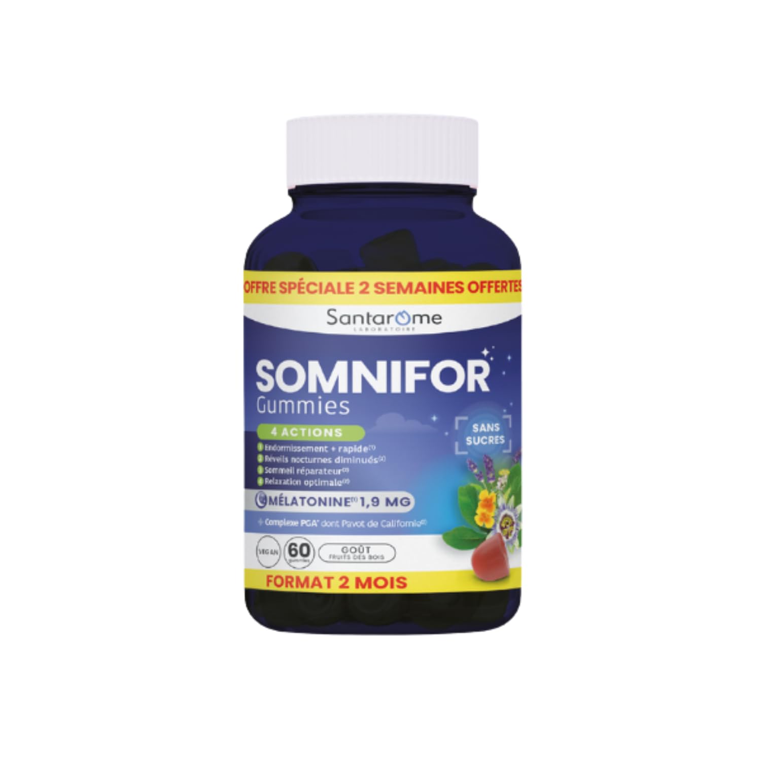 Santarome Bio - Somnifor - Gummies Sommeil - Mélatonine 1,9 mg, Plantes et Huiles Essentielles - Endormissement rapide, sommeil réparateur - 60 gummies dont 15 nuits offertes - Végan - Made In France