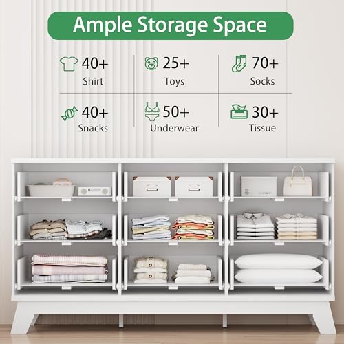 Image of Xixini Fluted Dresser for Bedroom with 9 Drawers, 57 inch Wide Modern Chest of Drawers with Metal Handle, Wooden Dresser TV Stand, Wood Closet Clothes Storage Organizer for Living Room, Hallway, White
