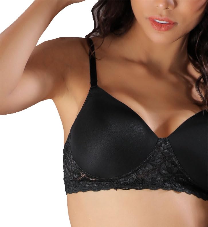 Image of ELGANTE Women's Black Padded Non- Wired Bra with LACE Affair to Hold IT ON