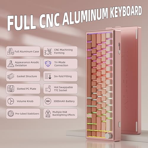 Image of 65% Layout Aluminum Shell Quick Release Wireless Mechanical Keyboard-Blush | 3-Mold Connection Layout Gasket Pre-Lubed Clicky Switch,Side Printed PBT Keycap,NKRO,RGB Backlit Keyboard - Blush Powder