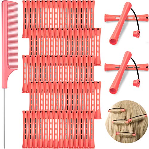 72 Pieces Hair Perm Rods Cold Wave Rod Plastic Perming Rods Curlers Hair Rollers with Stainless Steel Pintail Comb Rat Tail Comb for Hairdressing Styling Supplies (Pink,0.51 Inch)