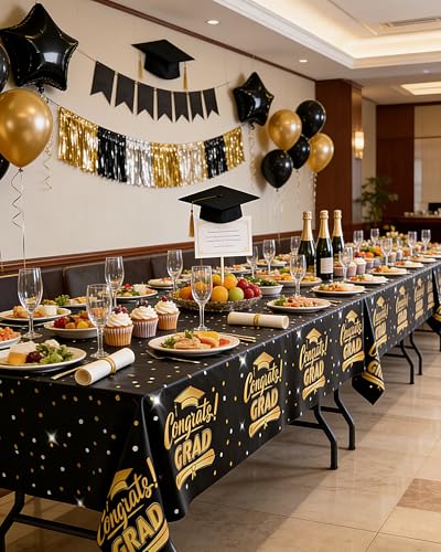 Image of Niuara Black Graduation Tablecloth 2026 - 4 Pack 54 inch x 108 inch Disposable Tablecloths for 6FT Tables, Class of 2026 Graduation Party Decorations & Supplies