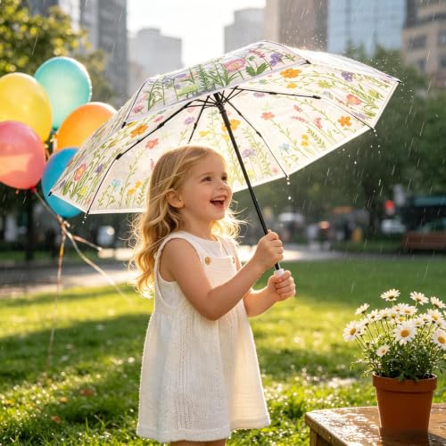 Paraguas portátil transparente plegable automático con toldo de flores resistente 4