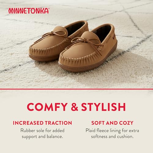 Image of Minnetonka Plaid Lined Hardsole - Moccasin Slippers for Men Made with Suede Upper, Rubber Sole, Plush Interior, Fleece Lining, Rawhide Lace, and Traditional Moccasin Design
