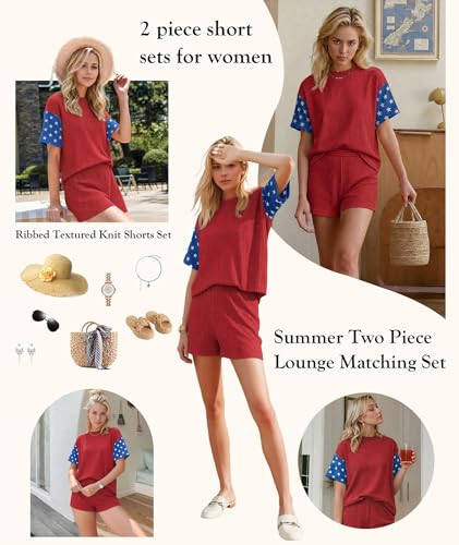 Image of MARZXIN Women 2 Piece Shorts Set 2026 Casual Summer Cruise Outfits Ribbed Loose Short Sleeve Pocket Matching Lounge Sets