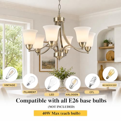 Image of 6 Lights Brushed Bronze Dining Room Light Fixture Farmhouse Modern Chandelier Pendant Light Champagne Bronze Adjustable Ceiling Hanging Lighting with Frosted Glass for Kitchen Island Living Room Foyer