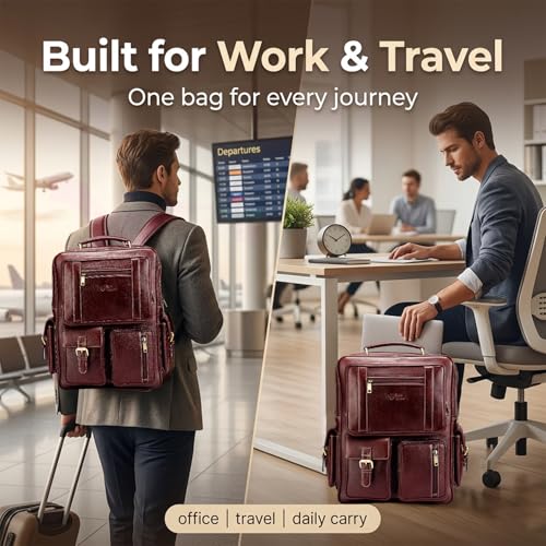 Image of Full Grain Genuine Leather Backpack for men - Spacious 25L for travel and office use with 15.6 inch padded laptop compartment (Brown)