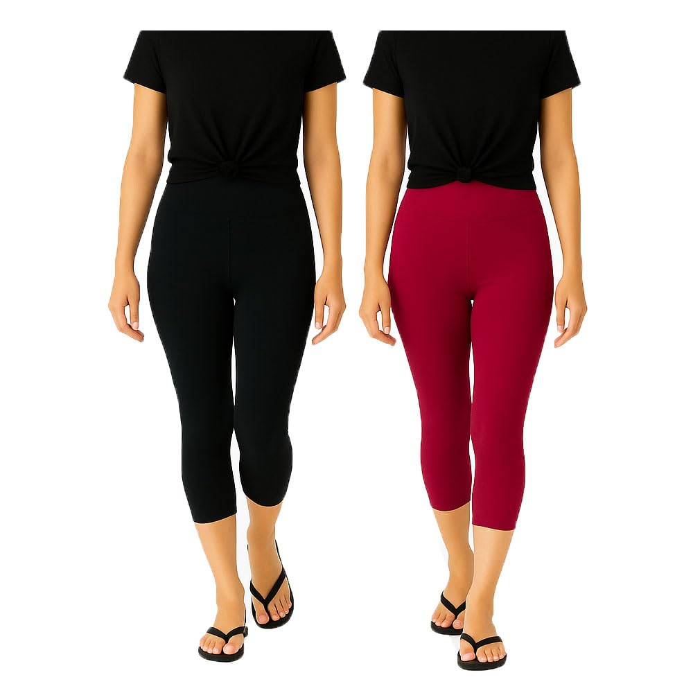 Womens Cotton Blend Solid Bottom Wear Plain 3/4th Capri Pants For Women Black, Pink (2Pack)-image-21