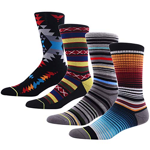 MK MEIKAN Crew Socks Funky for Men, Fashionable Floral Pattern Printed Novelty Socks for Women Casual Funny Crew Warm Socks Comfortable Soft Moisture Wicking Sports Socks 4 Pairs