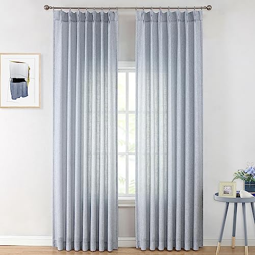 Image of Vision Home Blue Pinch Pleated Semi Sheer Curtains Textured Light Filtering Window Curtains 84 inch for Living Room Bedroom Rayon Blended Chambray Blue Pinch Pleat Drapes with Hooks 2 Panels 40 inchWx84 inchL