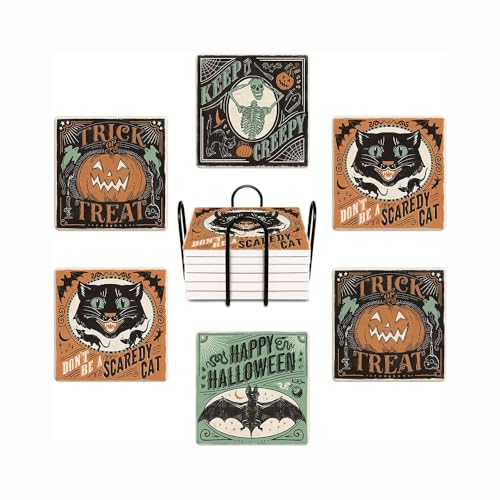 6Pcs Coasters with Metal Holder Vintage Green Black Halloween Absorbent Square Ceramic Stone Mat Coaster Drink Coasters Cup Mats for Bar Party Home Office Table Decor Warming Gift