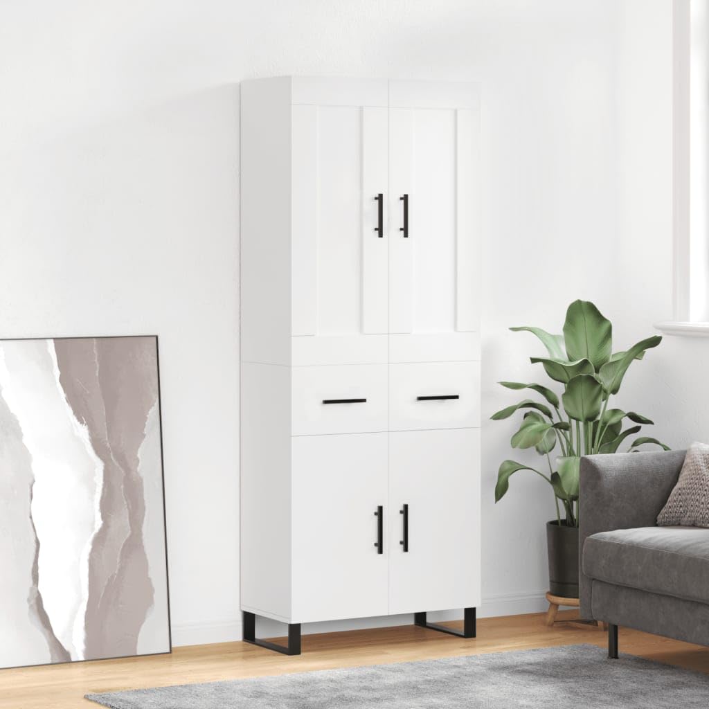 Armadietto alto, bianco, 69,5 x 34 x 180 cm, in legno con piedini in metallo, per soggiorno, corridoio e sala da pranzo, vano portaoggetti, pratiche porte, cassettiera stabile, adatto come