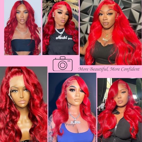 Image of 30 Inch Red Lace Front Wigs Human Hair 13x4 HD Transparent Red Colored Body Wave Human Hair Lace Front Wigs for Women 180 Density Pre Plcked Human Hair Lace Frontal Wig with Baby Hair