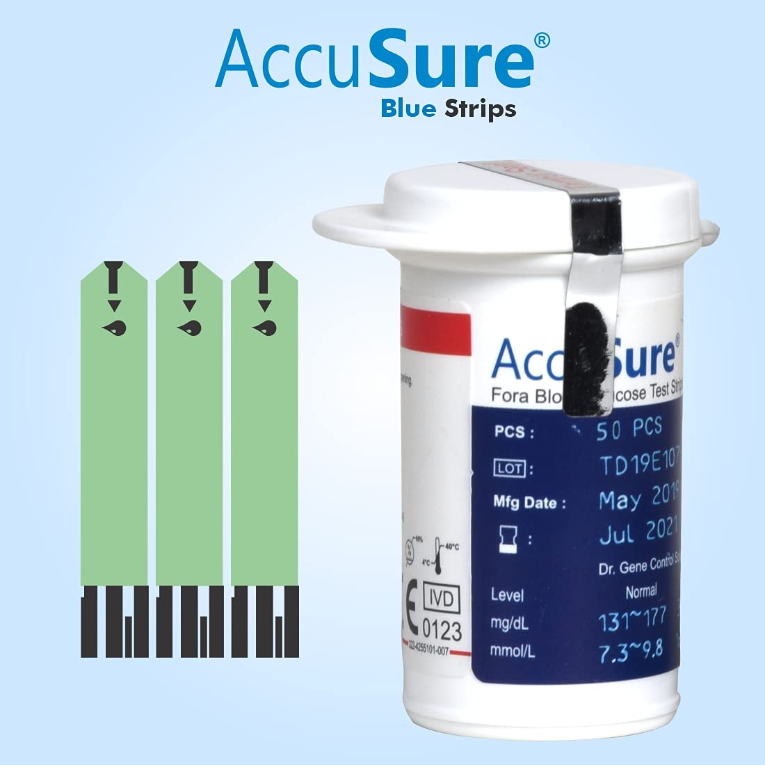 AccuSure Blue Glucometer Test Strips, Pack of 2 |50 Glucometer Strips 2