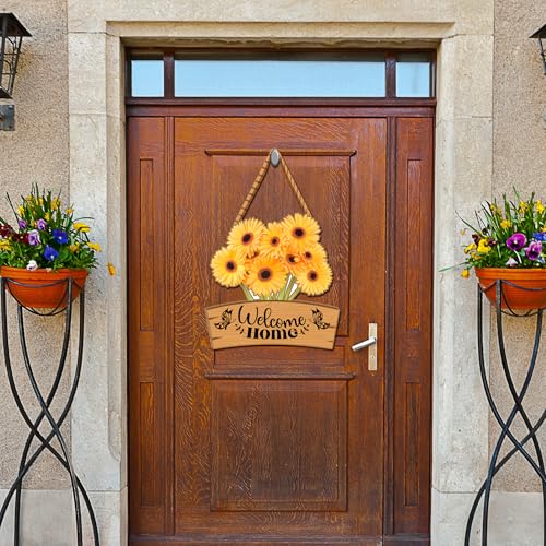 Image of GENXTRA Floral Welcome Home Wall Decor - Wooden Hanging Sign with Sunflower Style Blooms for Home Entrance gifting etc (Warm Bloom)