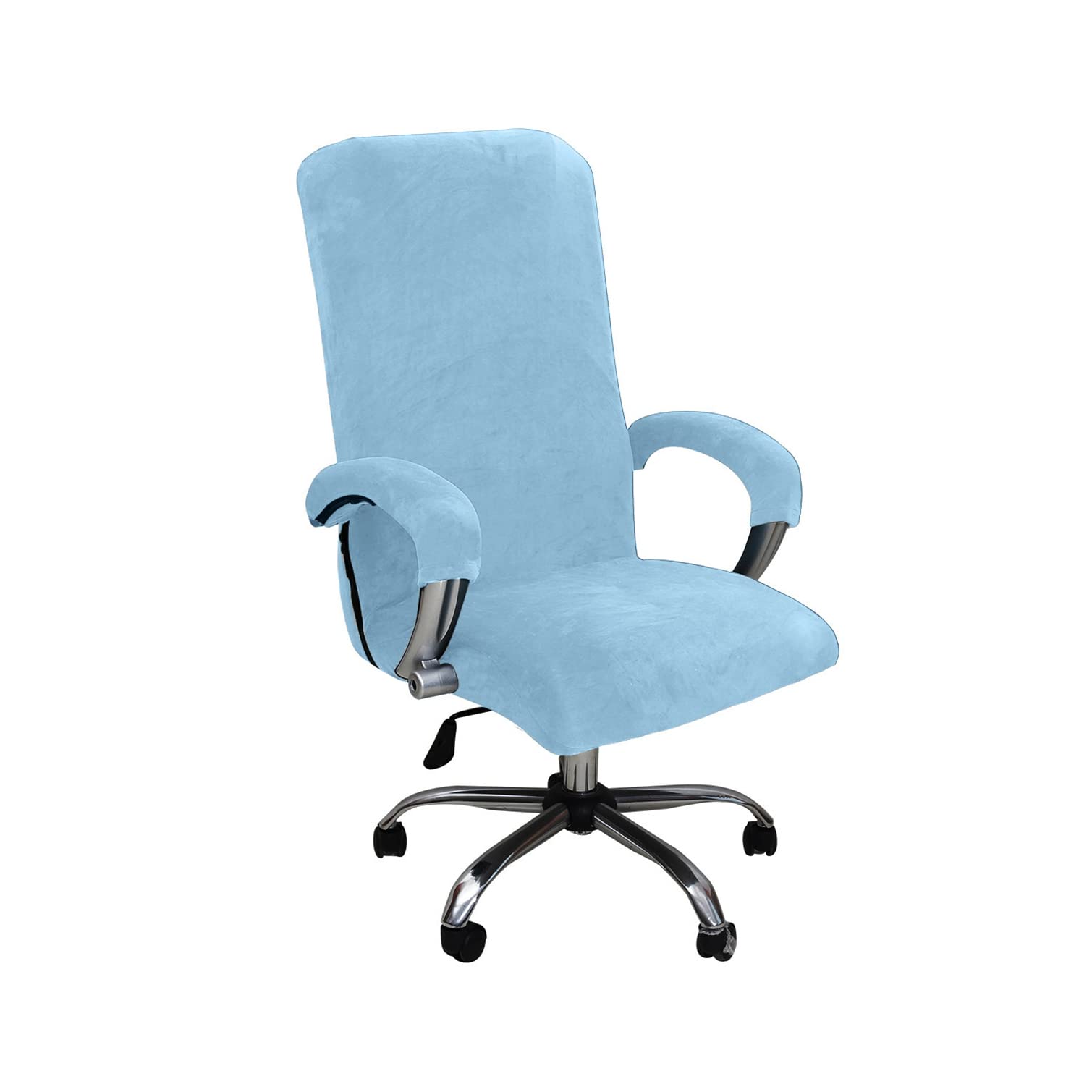 YOPOIY Velvet Office Chair Cover, Stretchable Rotating Chair Slipcovers Universal Computer Chair Slipcover with Zipper Washable Office Chair Cover with Arm Covers -light blue-Large