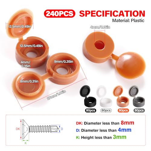 YIXISI 240 PCS Plastic Hinged Screw Cover Caps, Fold Screw Snap Covers Washer Flip Tops for Number 6/8 Screws - Image 2