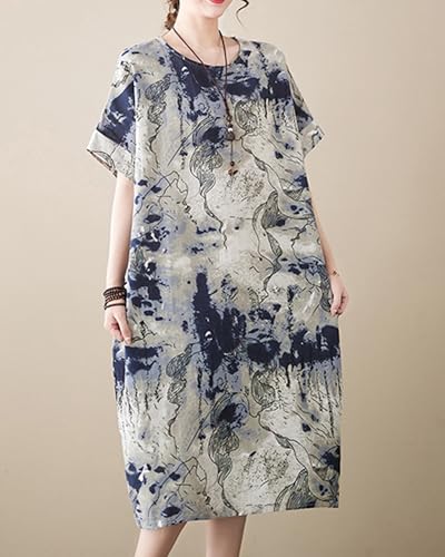Image of LUZU JUNU Women's Summer Baggy Plus Size Loose Cotton Linen Long Boho Beach Dress with Pockets