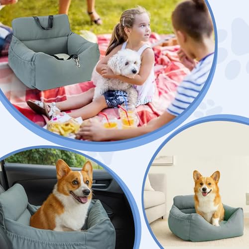 CALIYO Hundeautositz mit Stabiler Basis & Sicherheitsgurt | Hundesitz Auto für Kleine bis 10 kg | Memory Foam-Sitzauflage | Wasserdichter, Abwaschbarer Hundekorb mit Aufbewahrungstasche(Grau-Grün)