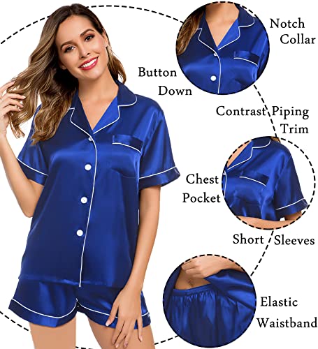 Image of LecGee Womens Silk Satin Pajamas Short Sleeve Loungewear Two-Piece Sleepwear Button-Down Pj Set