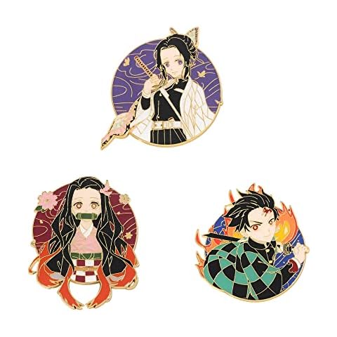 ROSETOR 3pcs Demon Slayer Pin Alloy Pins Anime Badge Cartoon Character Brooch Pins Collection Bags Button Bad, White Cover