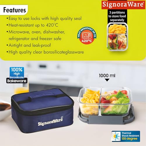 Image of SignoraWare Slim Borosilicate Glass Lunch Box With Bag | Airtight & Leakproof | Microwave Safe | Crack Resistant | Ideal for Office, Picnic & Outdoors | Great for Storing Leftovers (1 Ltr | Clear)
