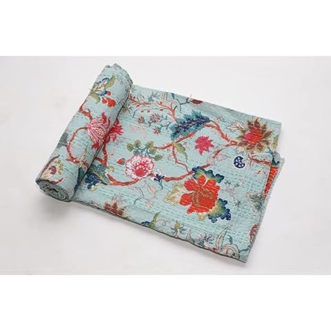 Indian Handmade Kantha Quilt Throw Bedspread Twin Size Hand Block Floral Print Cotton Blanket Thorw Bedding Decor Floral Print Cover