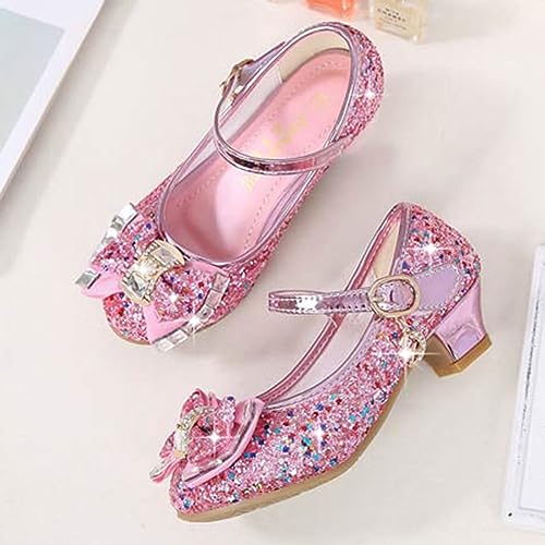 Yoawdats Girls Toddler Dress Shoes Sparkly Ruby Bowkno Flowert Wedding Party Bridesmaids Low Heel Princess Shoes for Kids (Pink, 18.7 cm)4