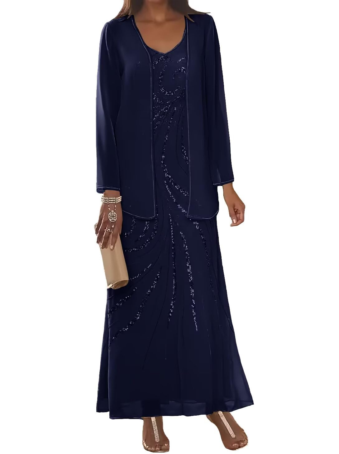Sequin 2 Pieces Mother of The Bride Dresses for Wedding with Jacket Beaded Wedding Guest Dress Long Sleeve Evening Gown
