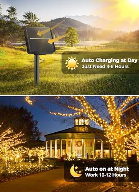 Minetom Solar String Lights Outdoor Waterproof- 40 FT 100 LED Solar Powered String Lights with 8 Lighting Modes, IP65 Waterproof Solar Christmas Lights for Outdoor Outside Tree Party Decor, Warm White