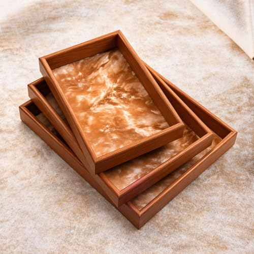 Image of Rioware Wooden Trays Enamel Coated Rectangular Trays Set of 3 Serving Trays Wooden Tray Kitchen & Dining Decorative Resin Tray Cream- Midnight Ember (Terramarble New)