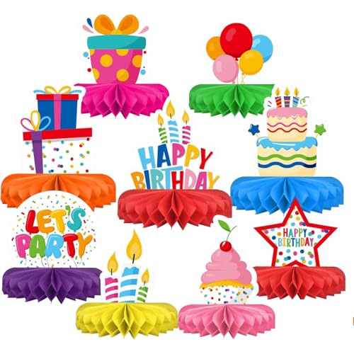Lot de 9 Décoration de Table Anniversaire en Nid d'abeille Colorées, Centre de Table Anniversaire 3D pour Fête, Décoration de Fête d'anniversaire Joyeuse...