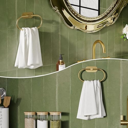 Image of Oslen Self Adhesive Towel Holder for Bathroom Gold Finish No Drill Hand Towel Ring Stainless Steel and Zinc Alloy Self Adhesive Towel Hanger for Bath, Kitchen
