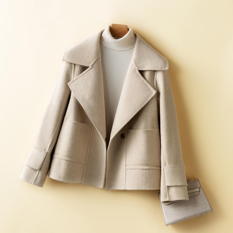 utcoco Womens Short Wool Pea Coat Notched Lapel Cropped Woolen Trench Coat with Pockets - Image 3