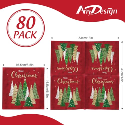 80 Pack Merry Christmas Paper Napkins Red Green Gold Xmas Tree Disposable Party Luncheon Napkins for Christmas New Year Holiday Dinner Party Supplies, 6.5 x 6.5 Inch – Image 2