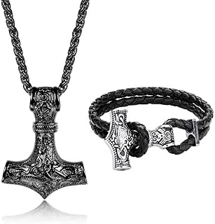 LOLIAS Men's Necklace Viking Bracelets Set for Men Boy Thor's Hammer Necklace Mjolnir Stainless Steel Necklace Leather Cuff Bracelets Braided Cord Thor's Hammer Jewellery Punk Goth Viking Gift for Men
