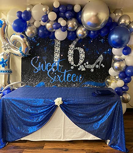 Image of Mocsicka Blue Silver Sweet 16th Birthday Backdrop 7x5ft (82x60 inch) Vinyl Material Blue Heart Diamonds Background Party Banner Decoration