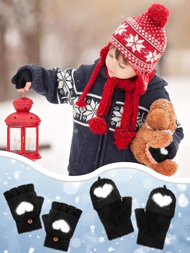 Geyoga 3 Pair Heart Fingerless Gloves Convertible Flip Top Gloves Winter Half Finger Mitten for Boy Girl 5-10 Year2