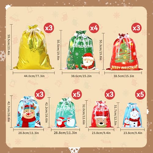 26PCS Christmas Drawstring Gift Bags, Christmas Wrapping Gift Bags Large Medium Small Xmas Bags for Present Xmas Candy Treat Presents Bags For Holiday Decorations - Image 3