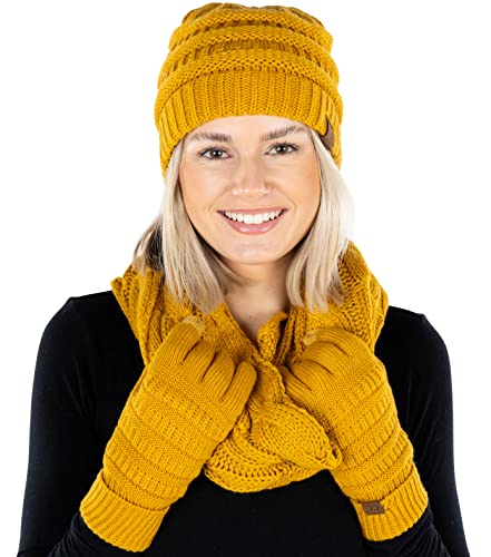 Funky Junque Cable Knit Beanie Infinity Schal Texting Handschuh Gefüttert Passendes Set, Senf, Einheitsgröße Cover
