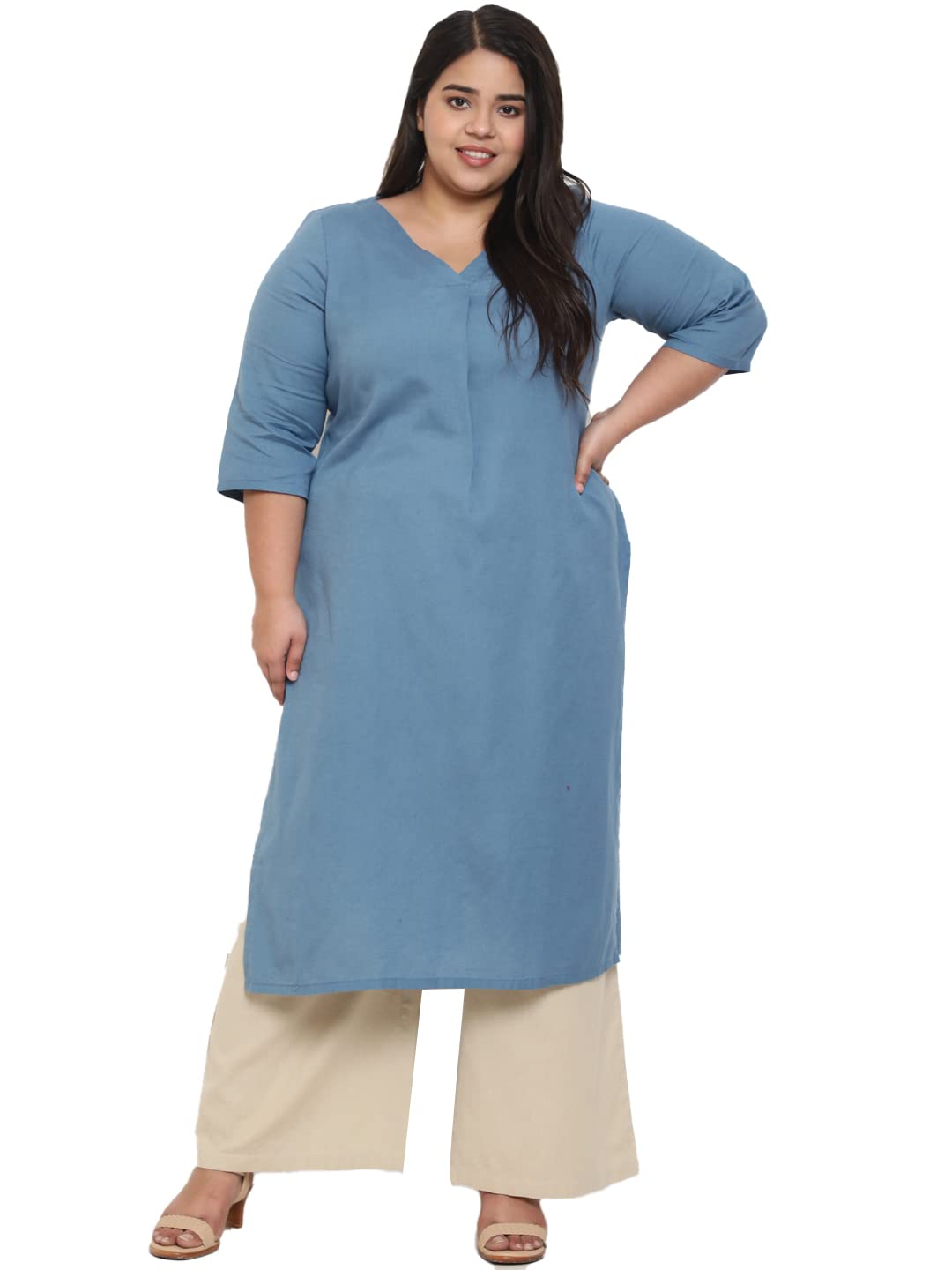 AMYDUSPlus Size Women Cotton Linen Kurti | V-Neck | Centre Pleat for Tummy | Straight Fit | Ethnic Wear for Women - XL to 9XL