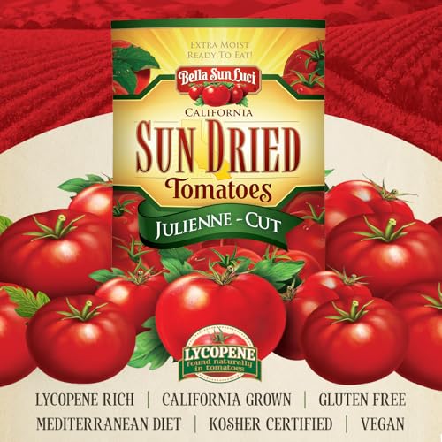 Image of Bella Sun Luci Sun Dried Tomatoes Julienne Cut, Gluten-Free, Vegan, California Grown, Mediterranean Style Sun-Ripened Tomatoes, Premium Ingredient for Pasta, Pizza, Salads & Sandwiches