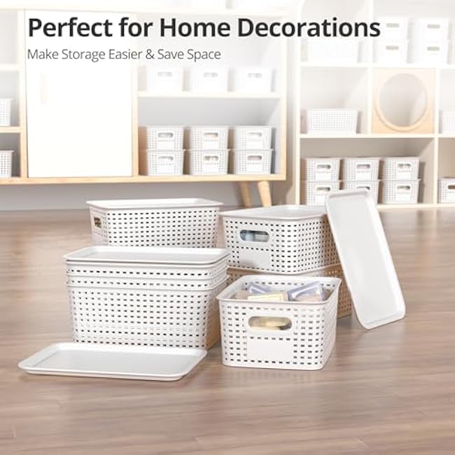 Plastic Storage Basket with Lid, Stackable Small Box Bins for Organizing and Containers for Shelves Drawers Desktop Closet Playroom Pantry Classroom Office Home, 6 Pack 10.2x7.2x4.1 Inch, White