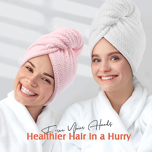 Image of YFONG 2 Pack Microfiber Hair Towel Wrap for Women, Super Absorbent Quick Dry Hair Turban for All Hair Style Anti Frizz, Large Hair Drying Towel with Button