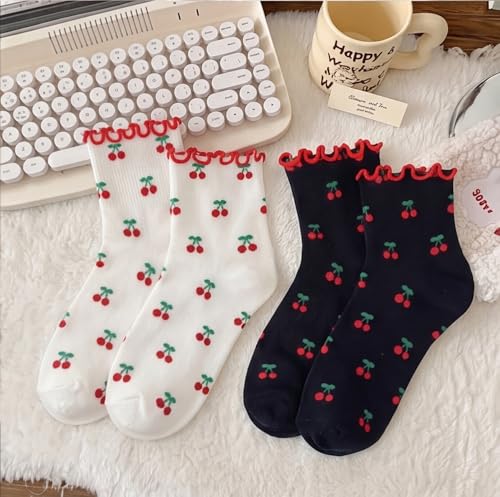 Image of Women's Cute Crew Socks, Casual Athletic Cotton Bowknot Cherry Calf Novelty Socks for Women