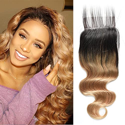 Ombre Lace Closure 4X4 Transparent Lace Free Part With Baby Hair Body Wave Closure For Women Pre Plucked Natural Hairline Peruvian Virgin Hair Real Human Hair Next Day Delivery 1B/27 Closure 14 Inch