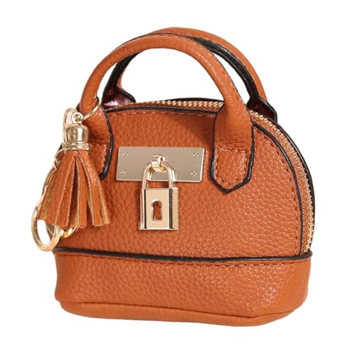 Mini Bag Keychain Tote Cute Leather Coin Pouch Creative Wallet for Women Girls Purse Handbag Decor Zipper Coin Purse Christmas Gift (Brown)